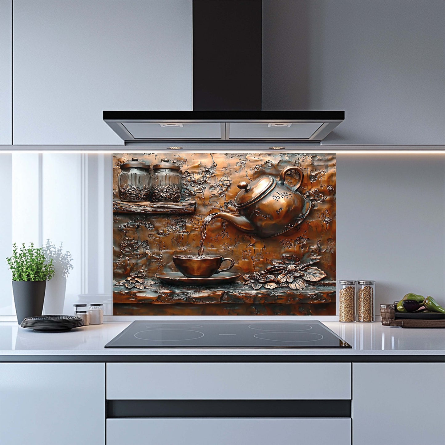 Herbal Tea Tempered Glass Backsplash – Copper Look Rustic Backsplash for Kitchen