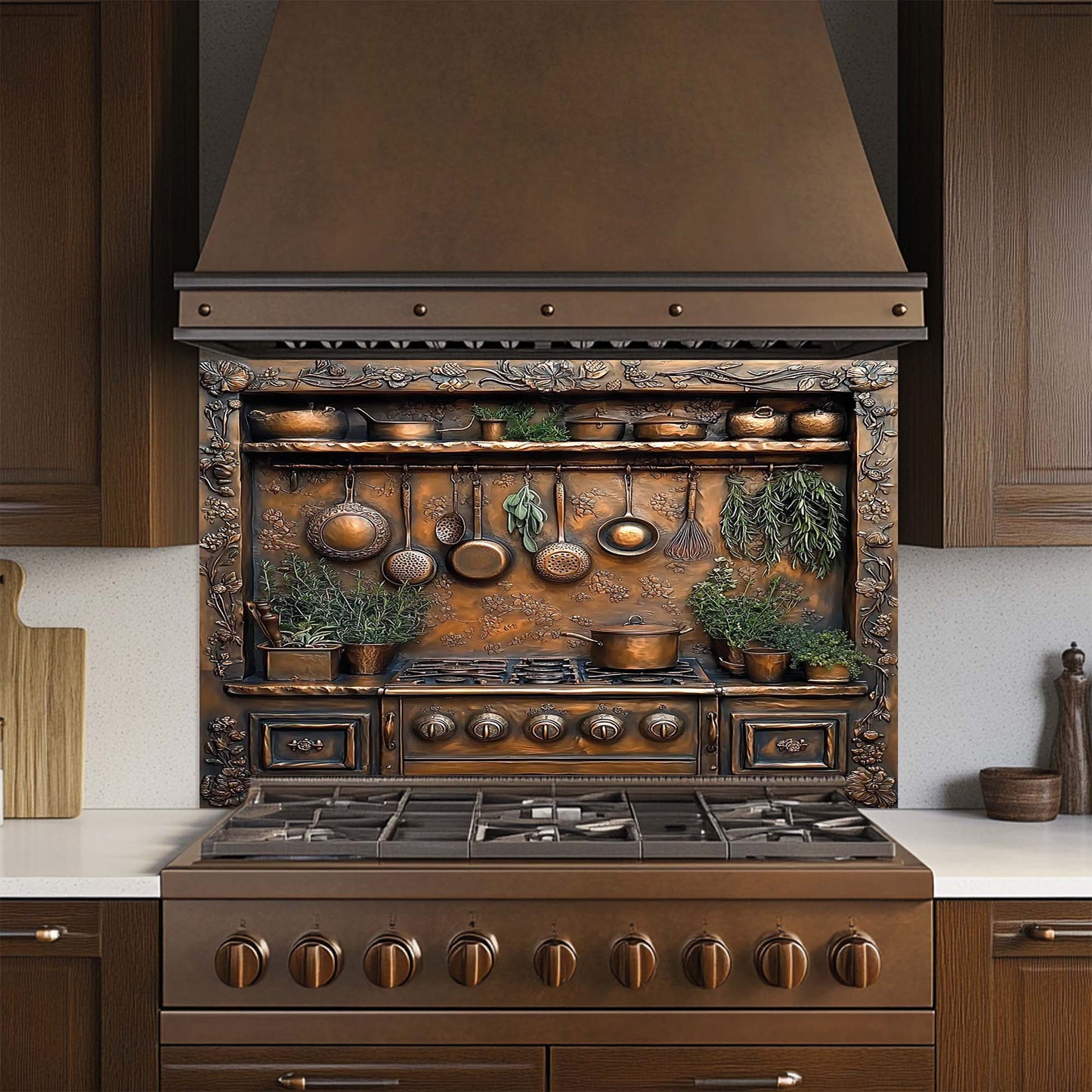 Herbal Charm – Tempered Glass Backsplash for Stove | Copper Look Glass Backsplash