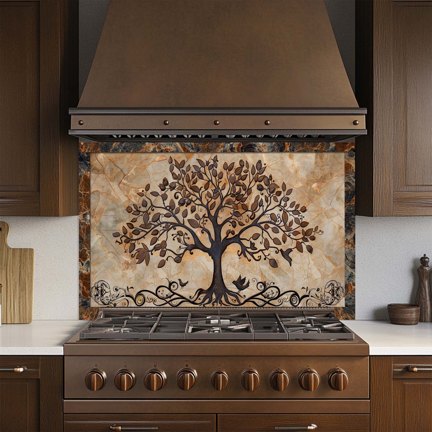 Rooted Melody – Tempered Glass Backsplash for Kitchen | Tree of Life with Birds Backsplash
