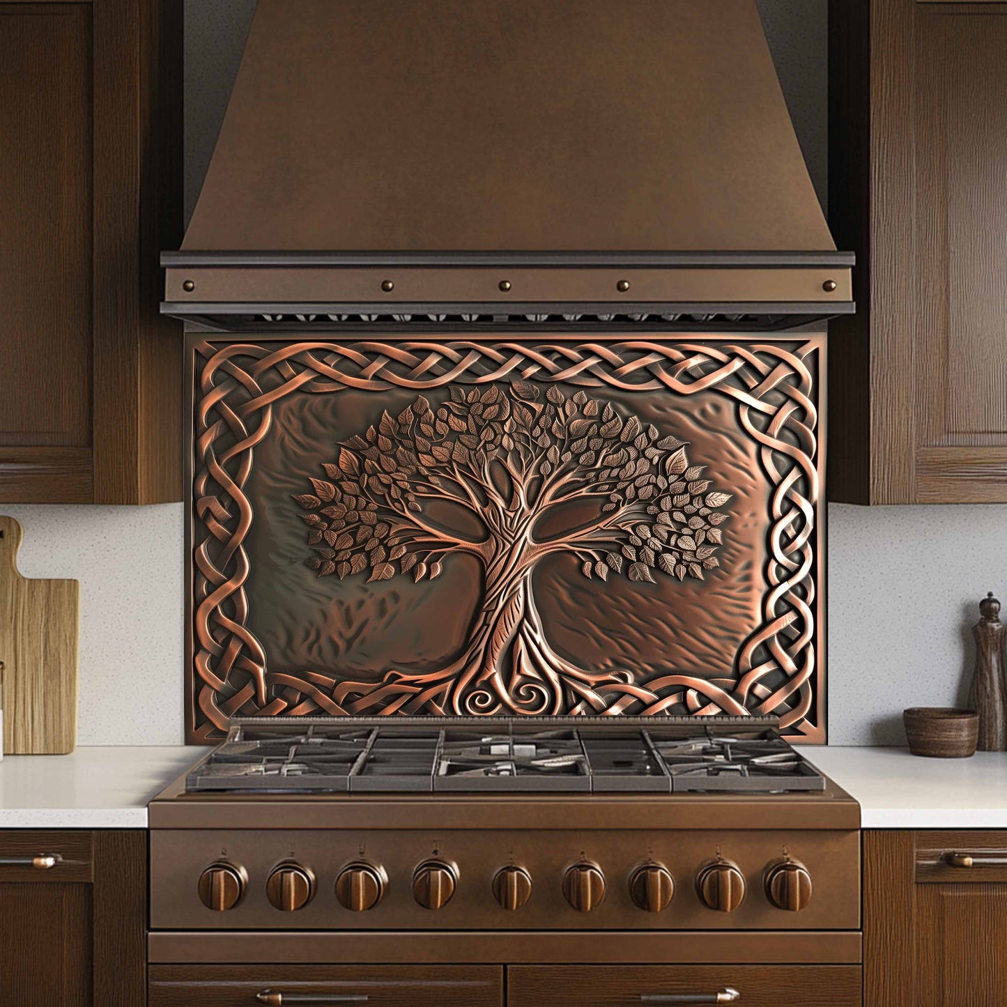 Custom Kitchen Backsplash – Copper Knot Look Tempered Glass Stove Backsplash