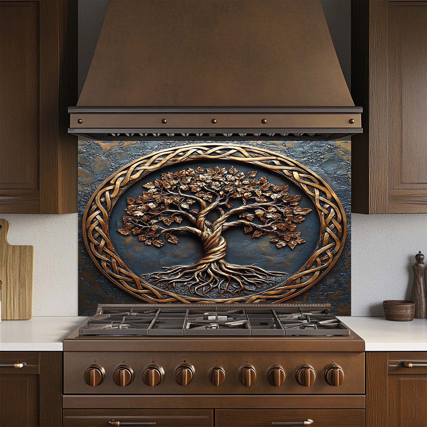 Rooted Soul – Tempered Glass Backsplash for Stove | Tree of Life Copper Look Backsplash