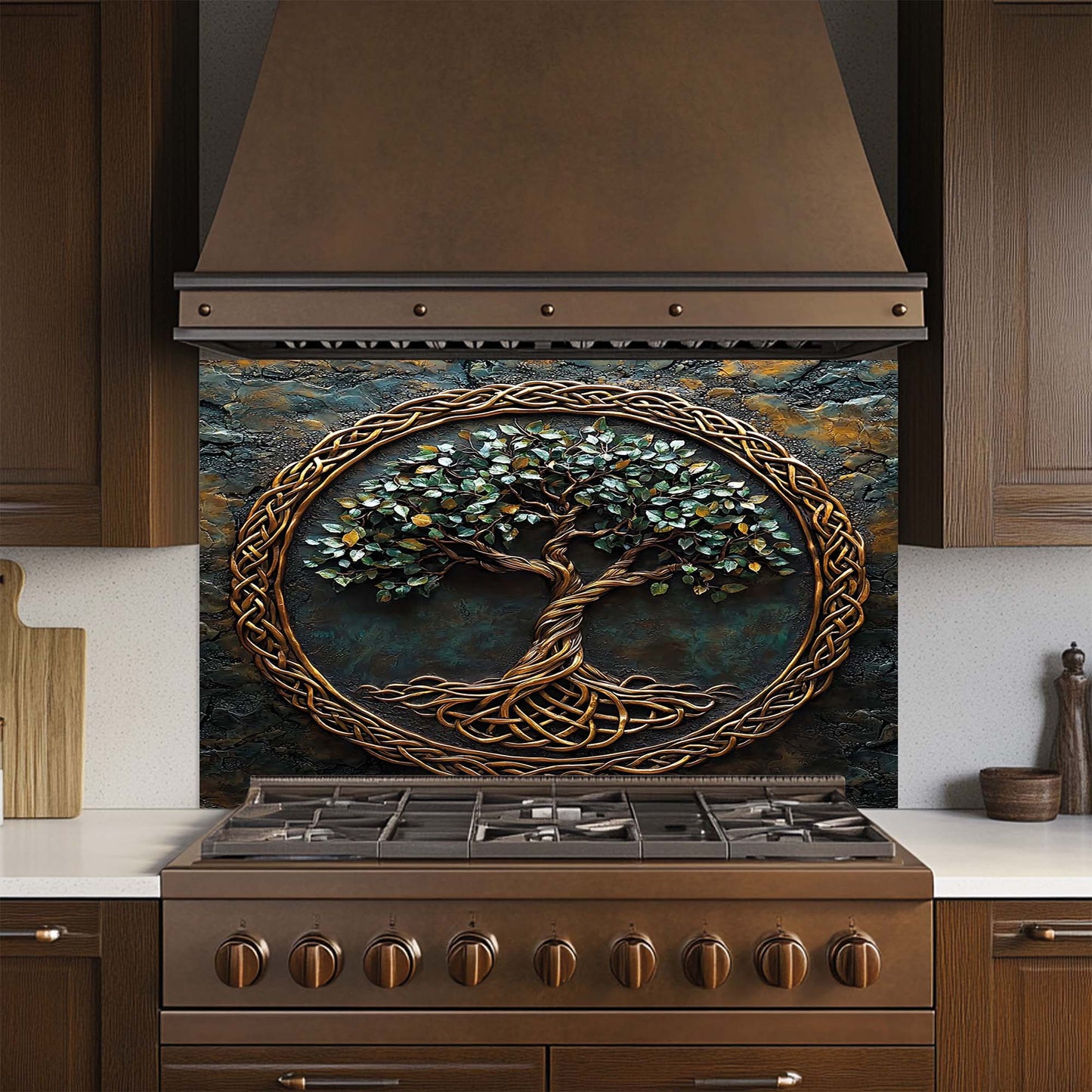 Golden Canopy – Tree of Life Tempered Glass Backsplash | Celtic Copper Look Backsplash