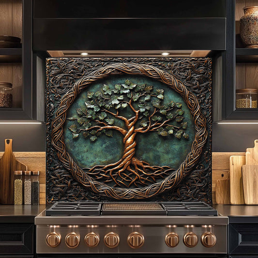 Durable Tempered Glass Backsplash – Kitchen Backsplash with Tree of Life Design
