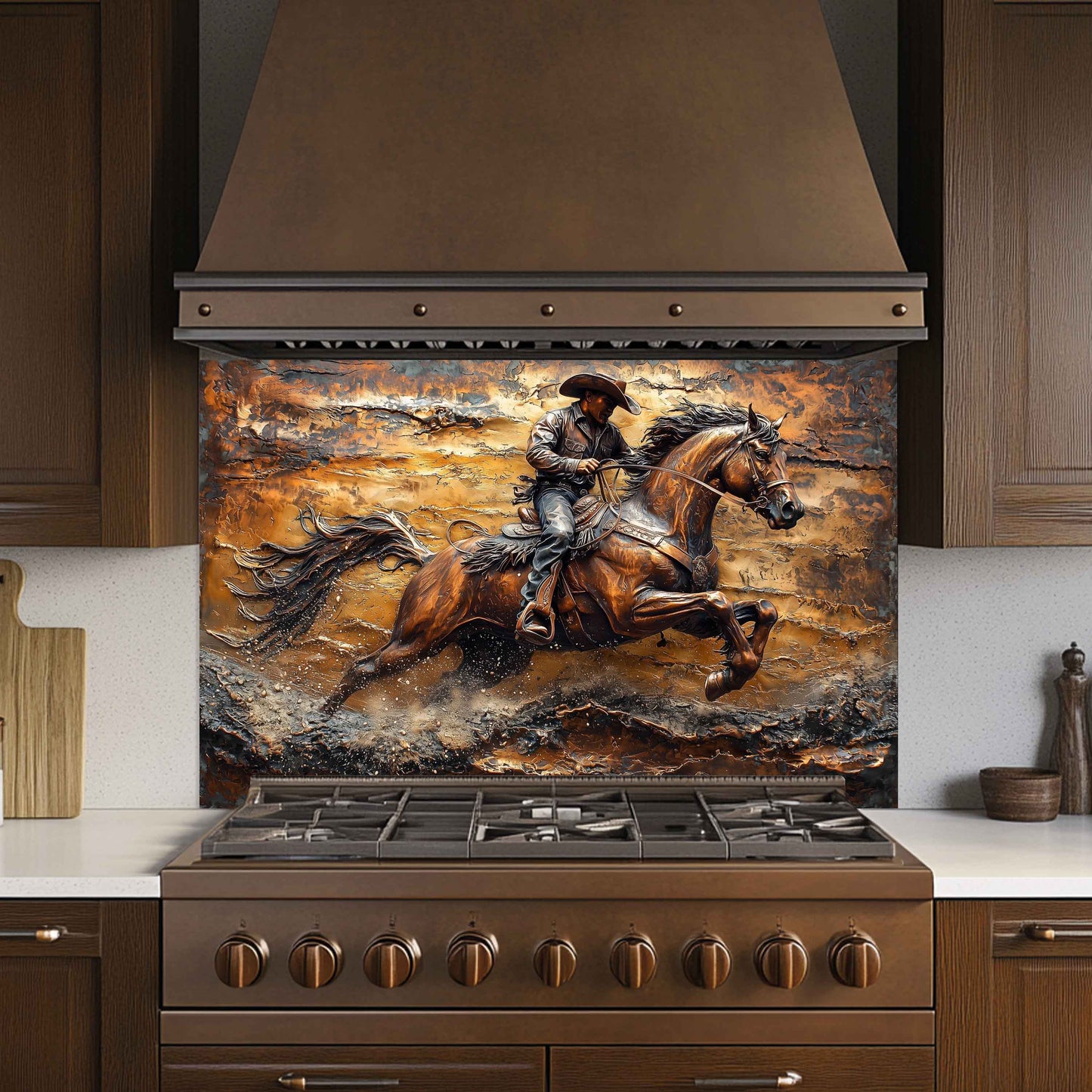 Tempered Glass Backsplash for Kitchen | Copper-Look Cowboy Galloping in Desert