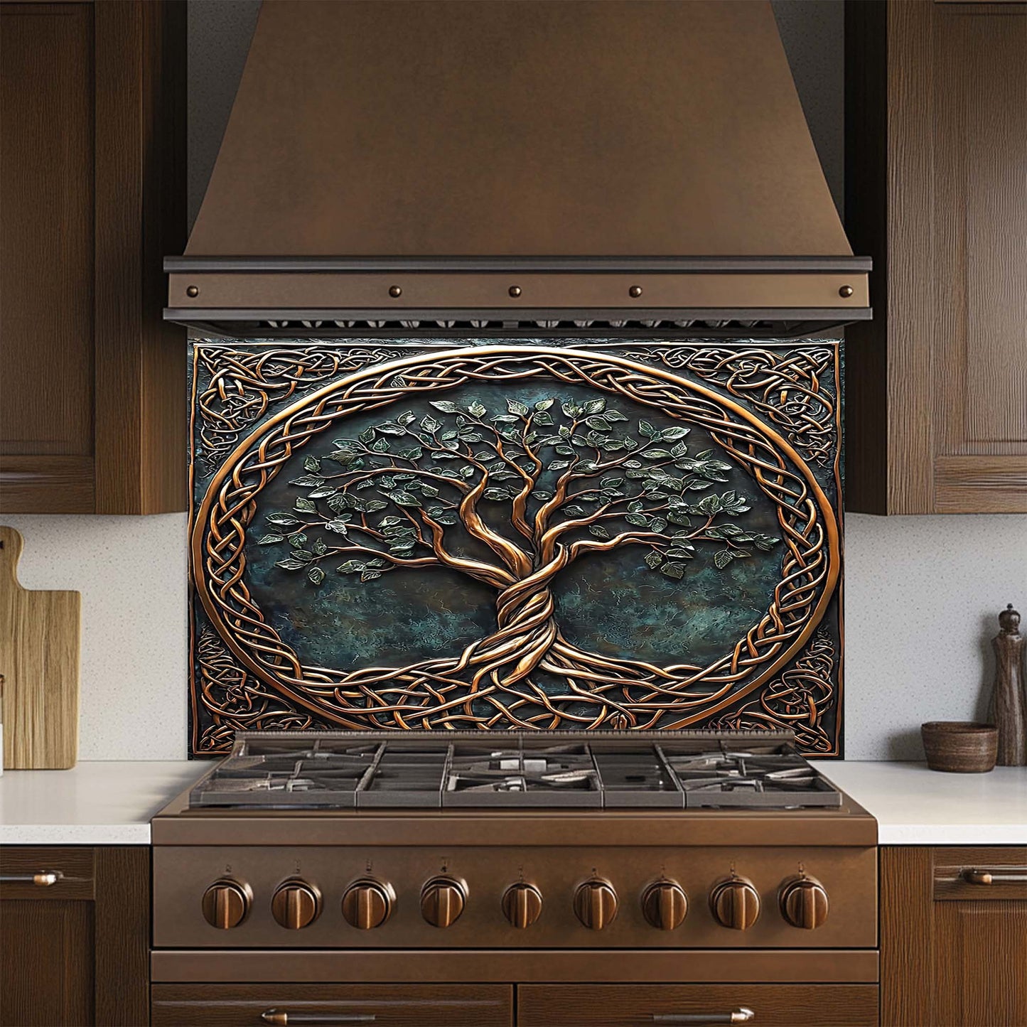 Celtic Roots – Tempered Glass Backsplash for Kitchen Stove | Tree of Life Copper Look Backsplash
