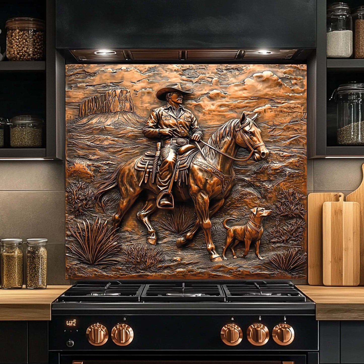 Copper Look Cowboy Tempered Glass Backsplash – Western Kitchen Backsplash Behind Stove