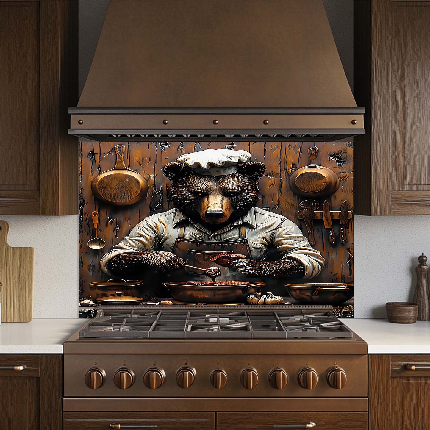 Chef Bear – Tempered Glass Backsplash for Kitchen Stove | Rustic Cooking Animal Backsplash