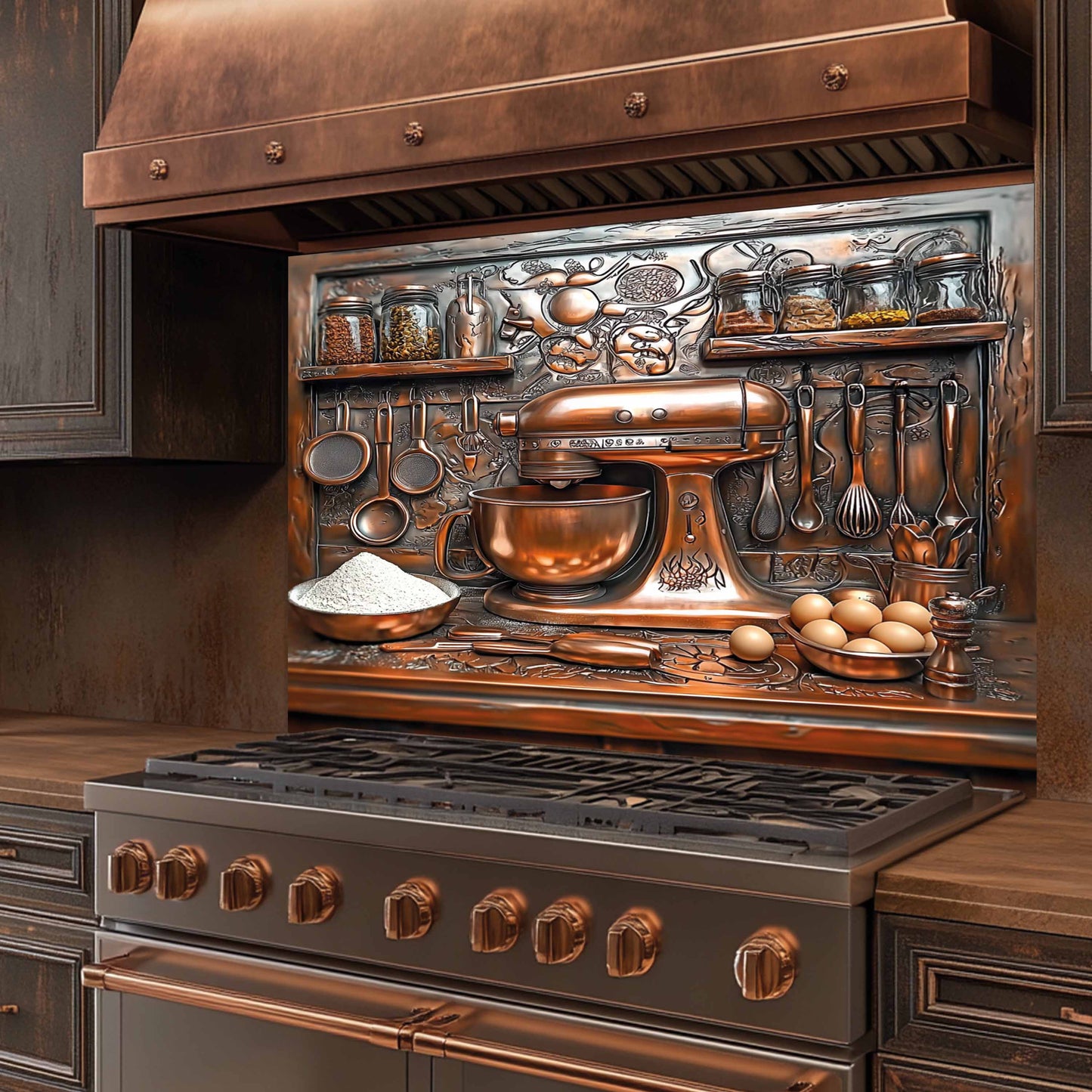 Baker’s Station Tempered Glass Backsplash – Copper Look Rustic Kitchen Backsplash