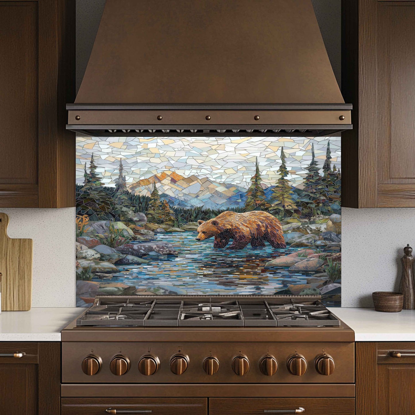 Mosaic Look Creek Tempered Glass Backsplash – Artistic Bear & River Scene