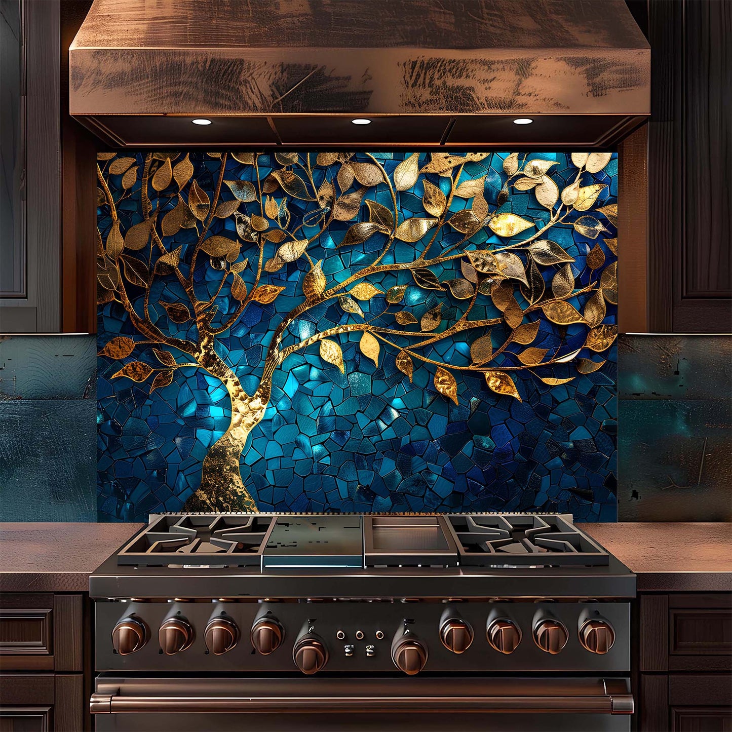 Custom Kitchen Backsplash – Golden Mosaic Look Tree Tempered Glass Backsplash