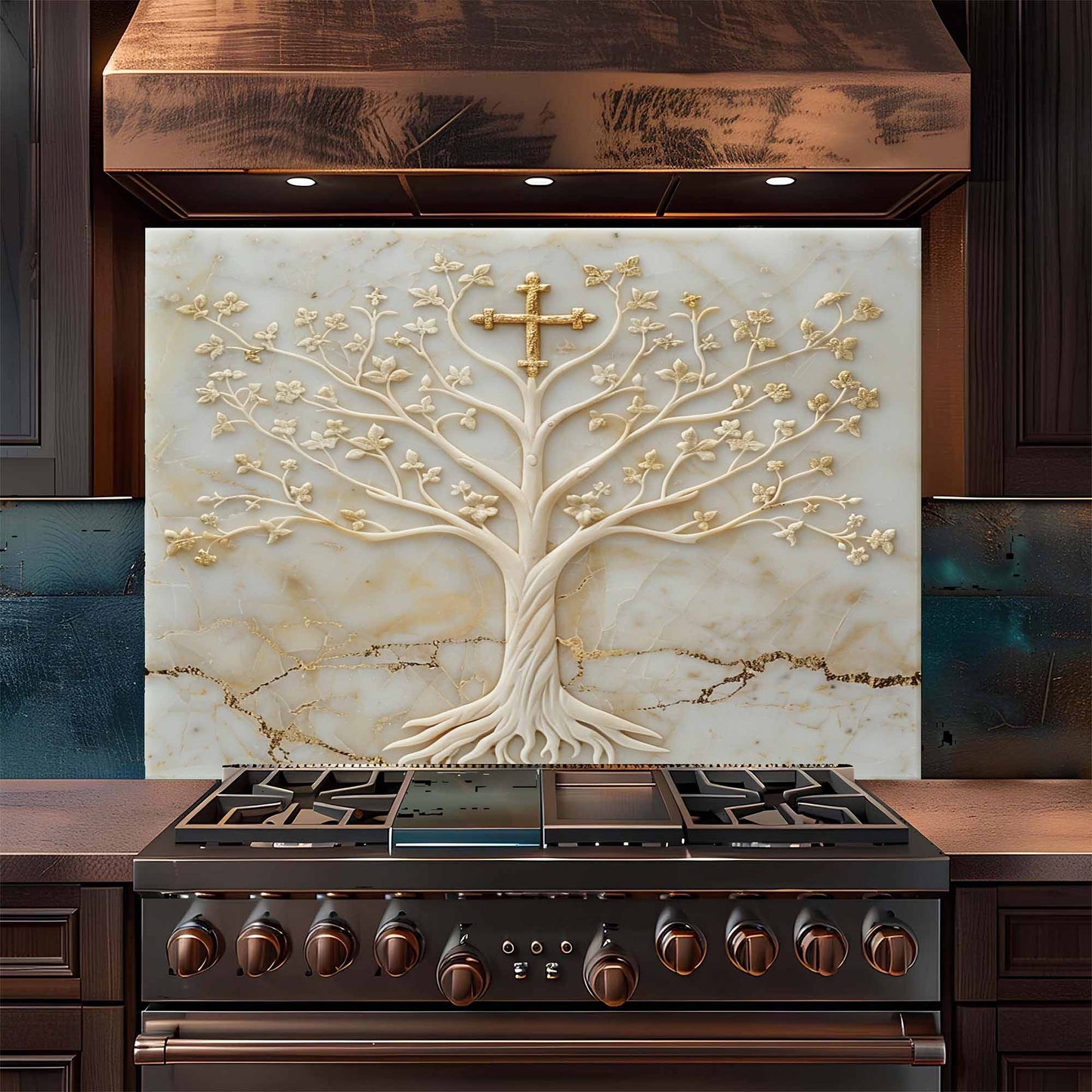 Divine Ivory Tempered Glass Backsplash – Gold Cross Tree of Life Kitchen Backsplash