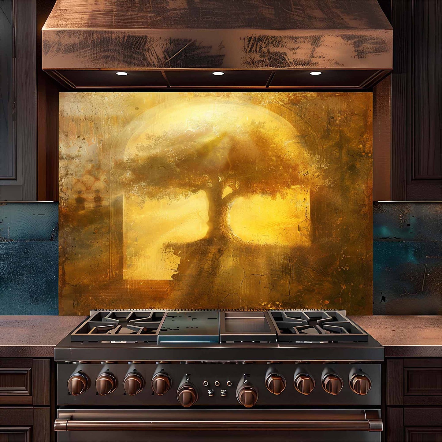 Golden Unity Tempered Glass Backsplash - Tree of Life Stove Backsplash