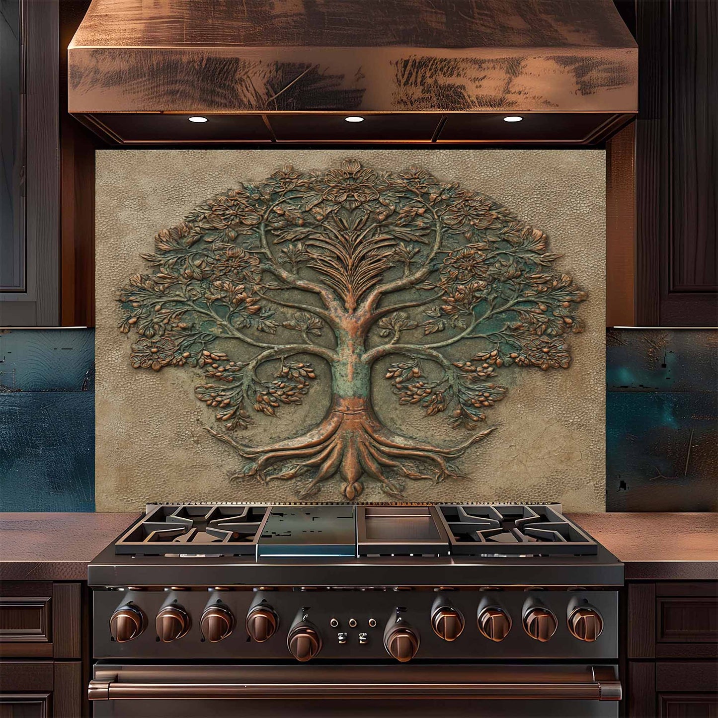 Verdigris Bloom Kitchen Backsplash – Tree of Life Glass Backsplash for Stove