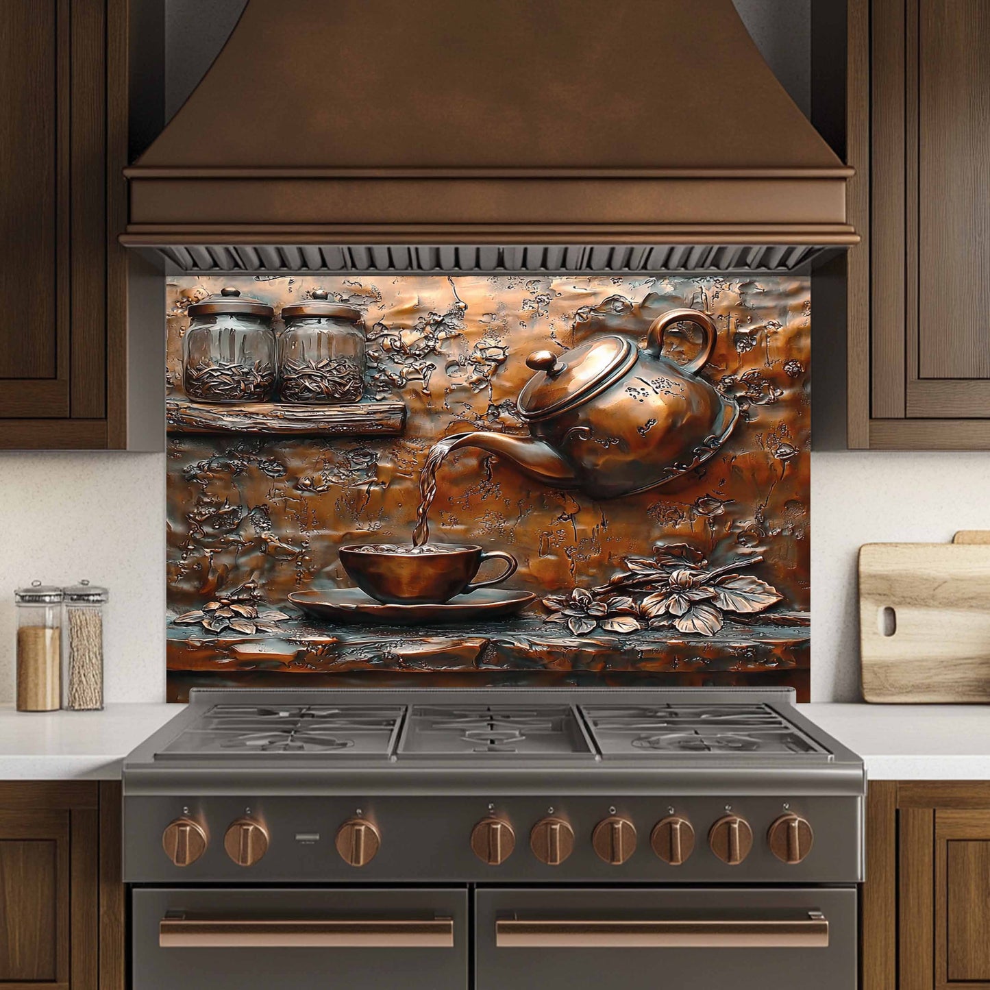 Herbal Tea Tempered Glass Backsplash – Copper Look Rustic Backsplash for Kitchen
