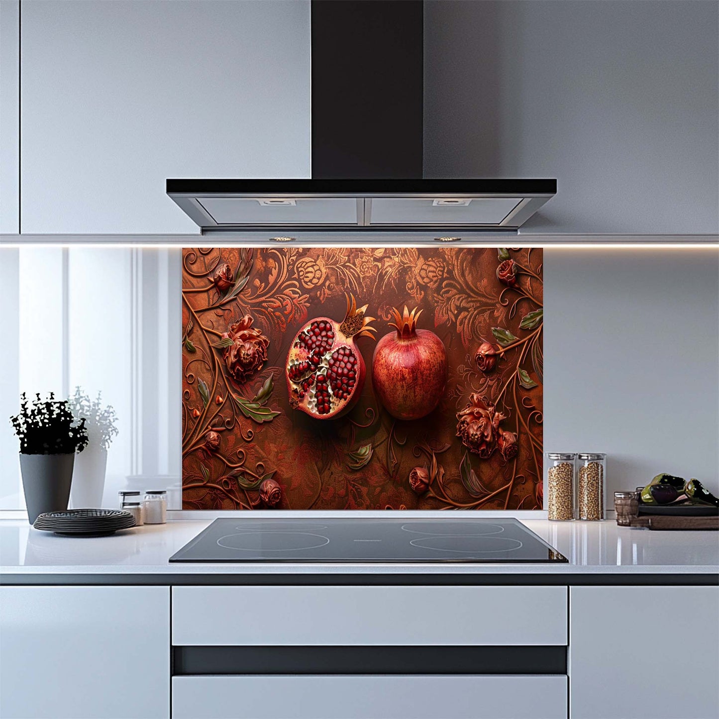 Pomegranate Bloom – Tempered Glass Backsplash | Red Fruit & Floral Kitchen Backsplash