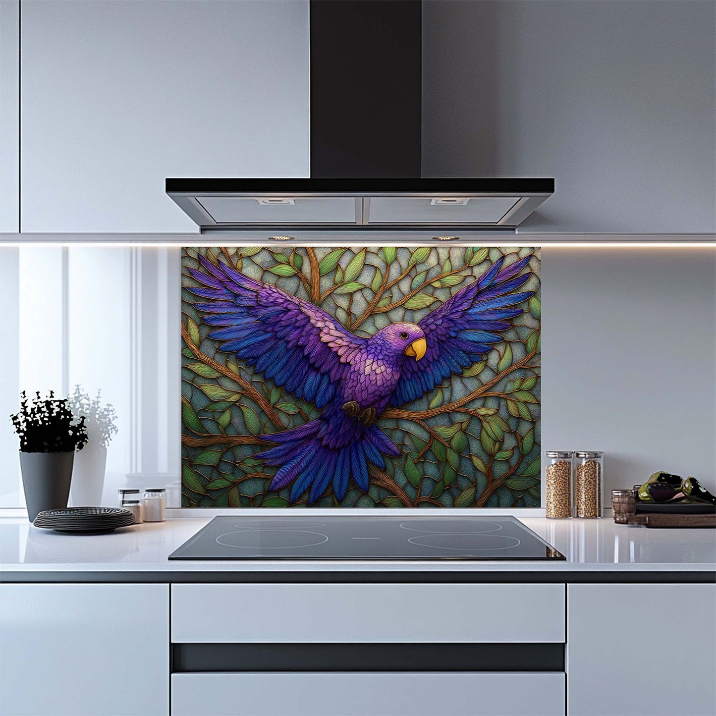 Violet Flight – Tempered Glass Backsplash for Kitchen Stove | Purple Bird Mosaic Backsplash