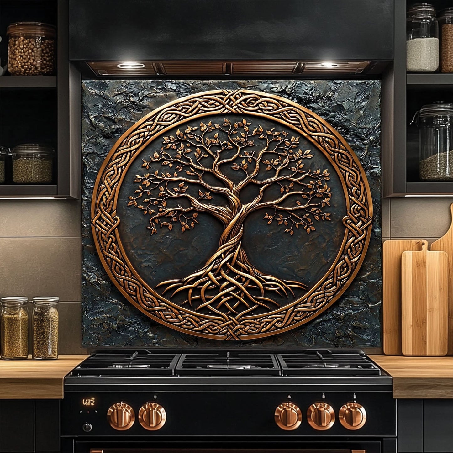 Celtic Tree of Life Glass Backsplash – Bronze Kitchen Backsplash for Stove