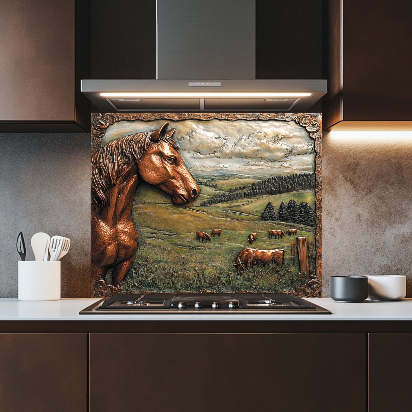 Copper Look Horse Tempered Glass Backsplash – Farmhouse Country Kitchen Backsplash