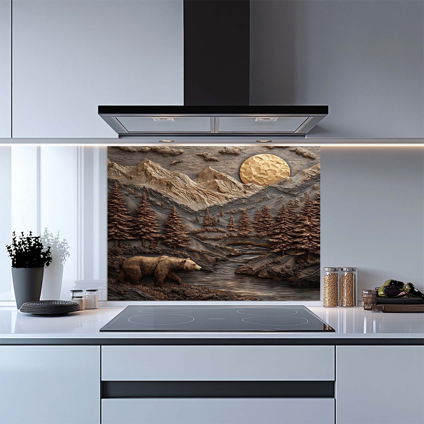 Bronze Mountain Bear – Tempered Glass Backsplash for Kitchen – Copper Look Backsplash