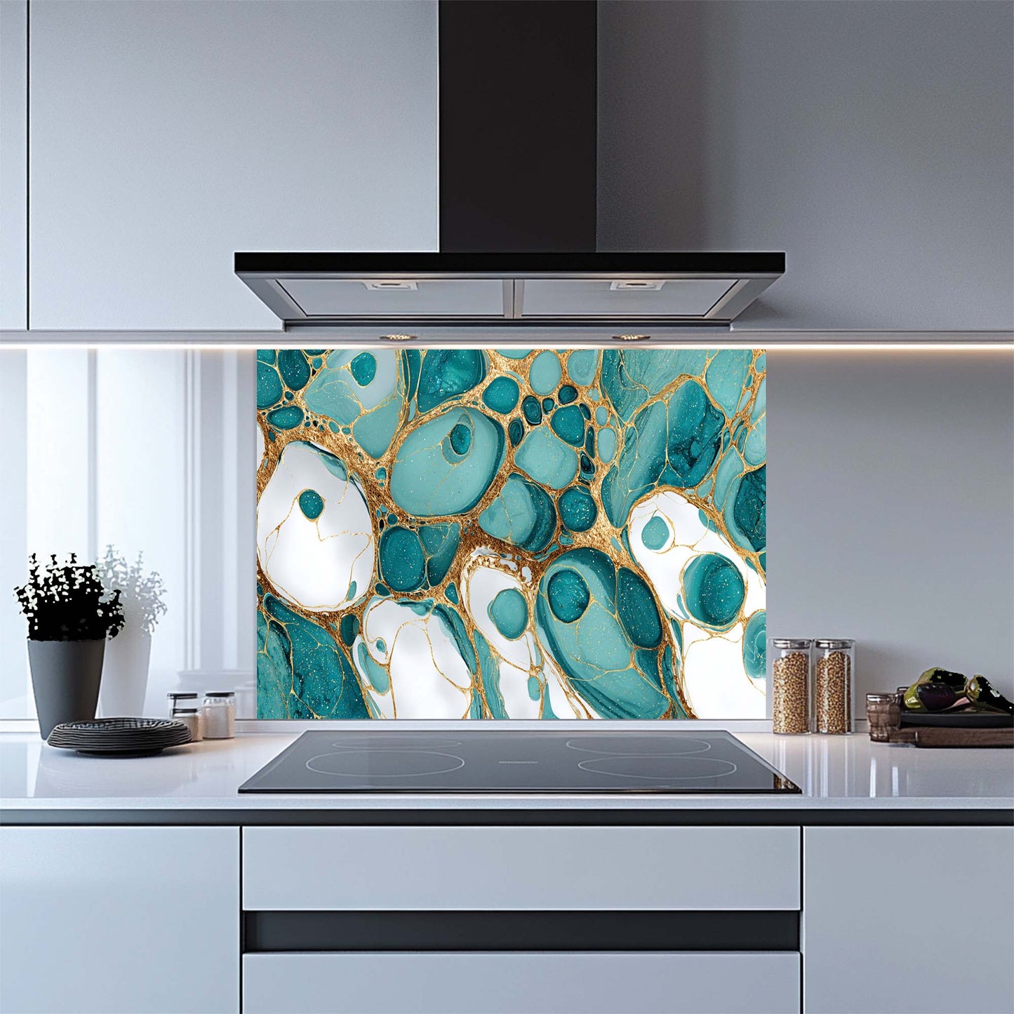 Aqua Veins - Tempered Glass Backsplash for Kitchen | Teal & Gold Fluid Backsplash