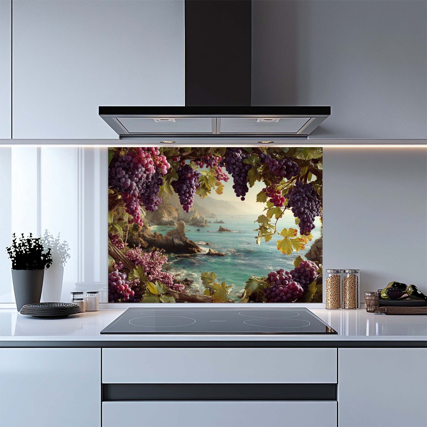 Coastal Grapevine – Tempered Glass Backsplash for Stove | Vineyard Ocean View Backsplash