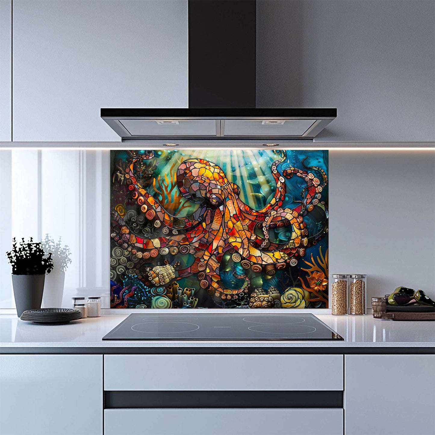 Octopus Odyssey – Tempered Glass Backsplash for Kitchen – Stained Glass Look Splashback