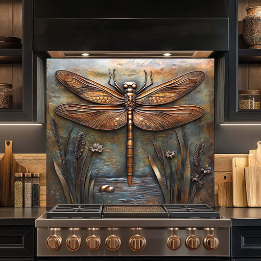 Copper Look Dragonfly Tempered Glass Backsplash – Metallic Finish Kitchen Backsplash