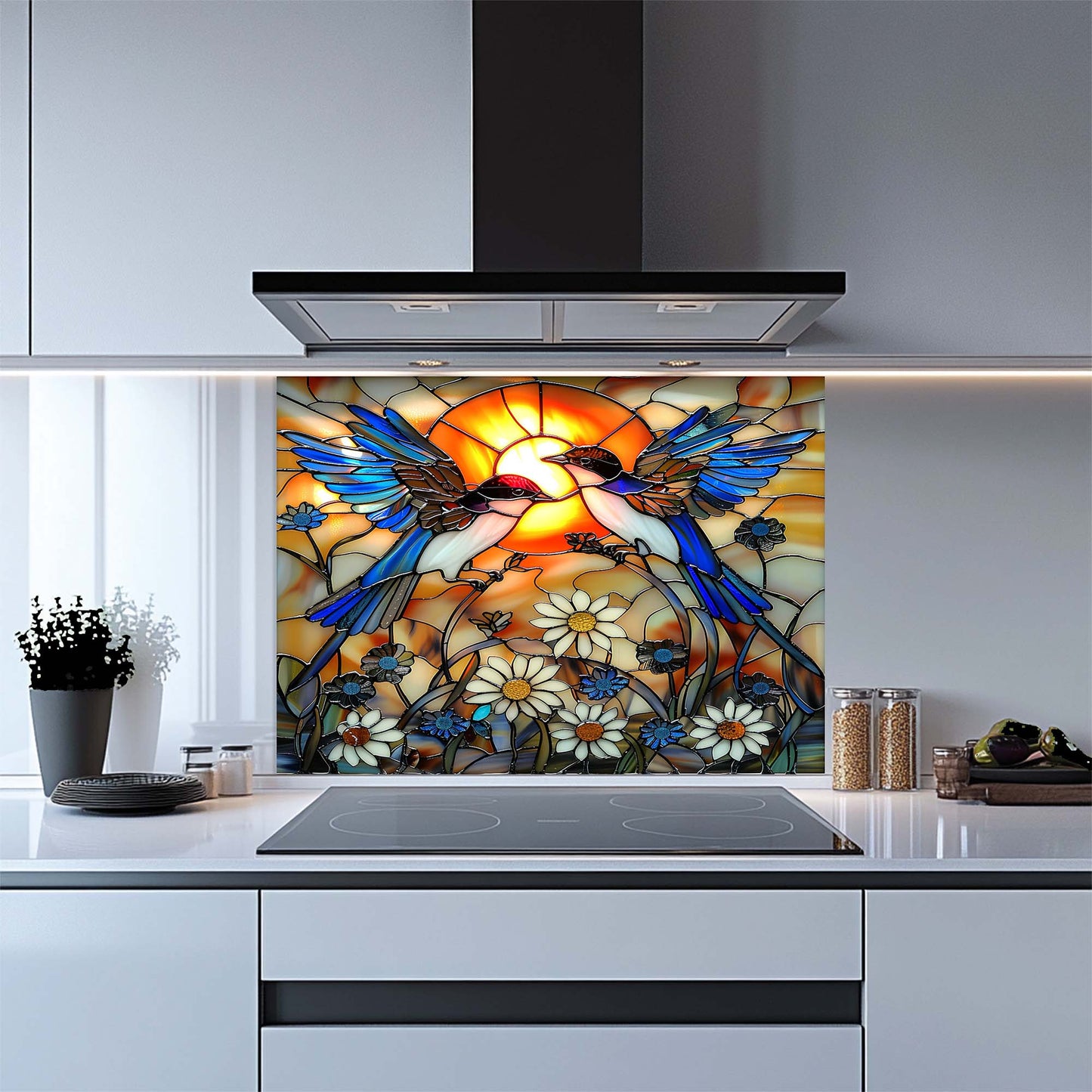 Sunset Song – Tempered Glass Backsplash for Kitchen Stove | Stained Glass Birds Backsplash