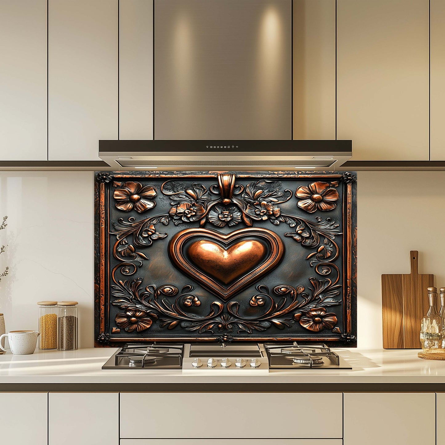 Copper Look Heart Tempered Glass Backsplash – Floral Kitchen Backsplash Behind Stove