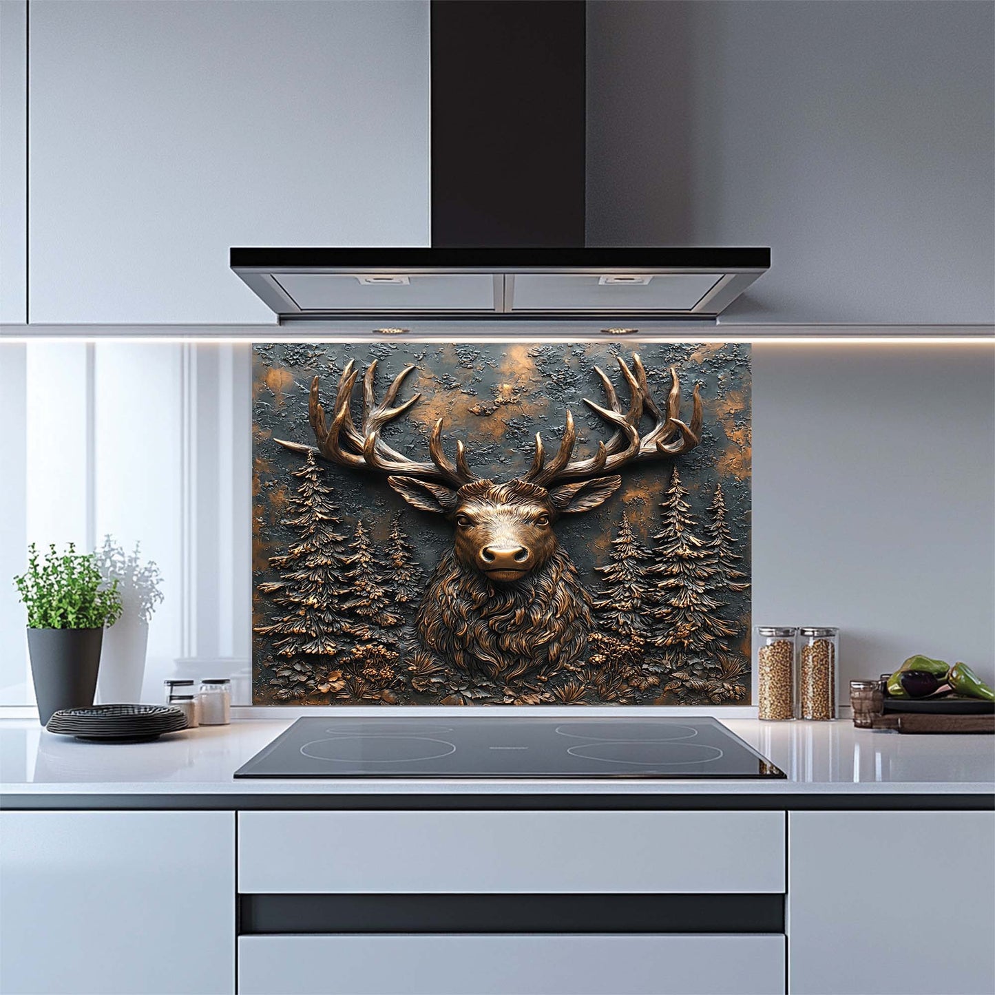 Stag Majesty – Tempered Glass Backsplash for Stove | Copper Deer Head Kitchen Backsplash