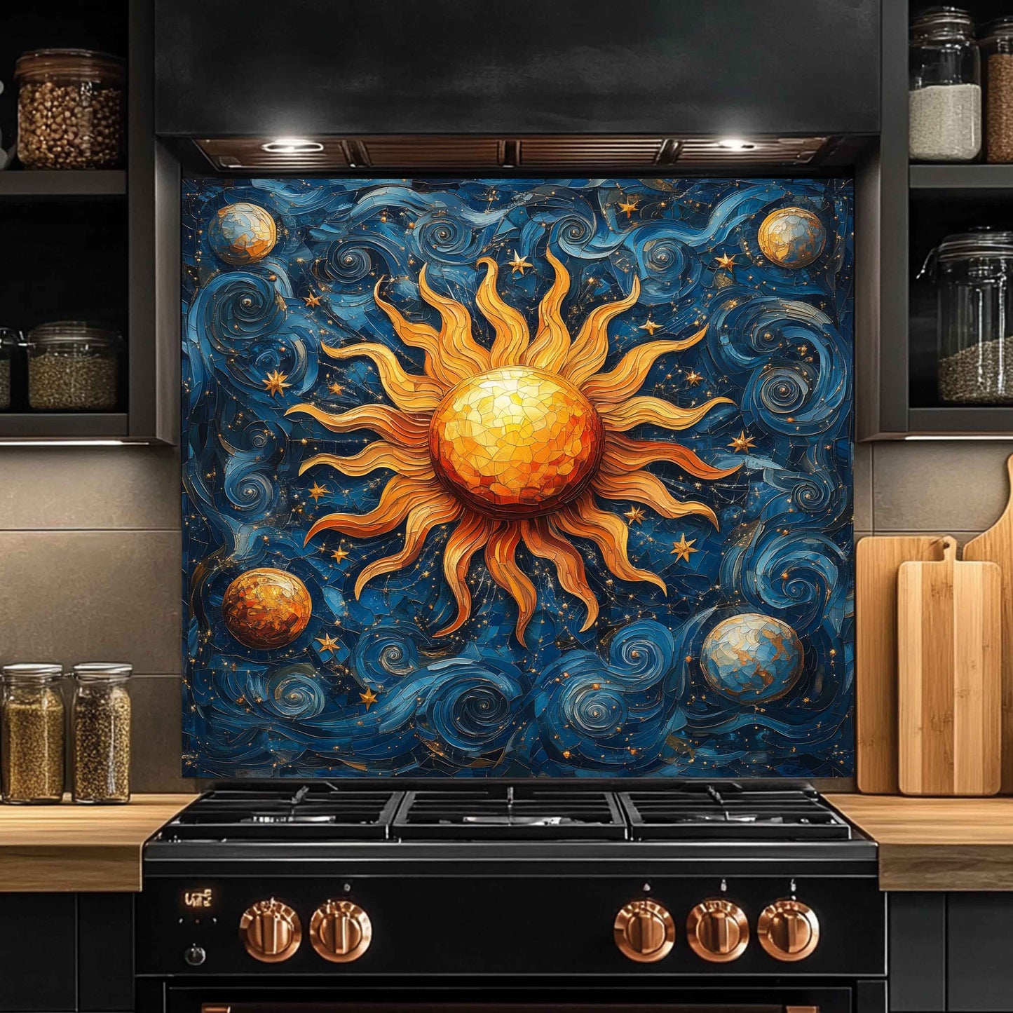 Solar Waltz Tempered Glass Backsplash – Cosmic Sun and Galaxy Kitchen Splashback