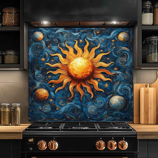 Solar Waltz Tempered Glass Backsplash – Cosmic Sun and Galaxy Kitchen Splashback