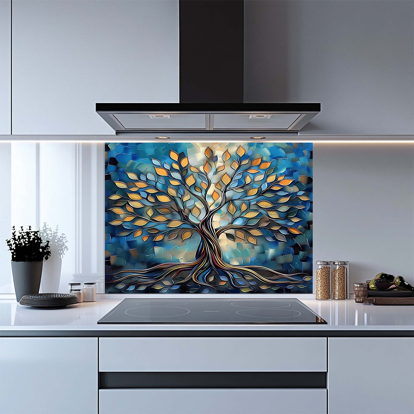 Electric Root – Tempered Glass Backsplash for Stove | Abstract Tree of Life Backsplash