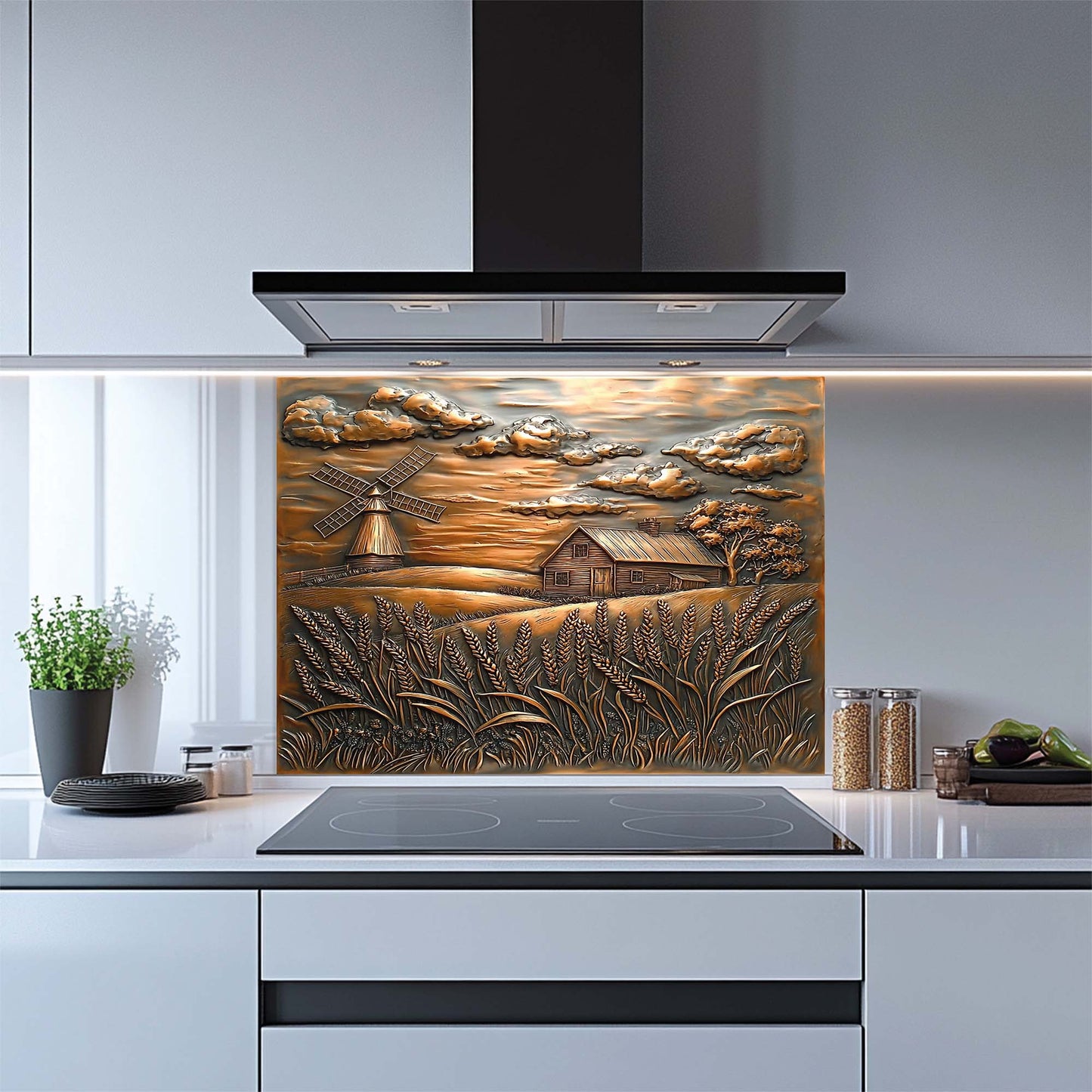 Golden Harvest – Copper Look Tempered Glass Backsplash with Farmhouse Scene