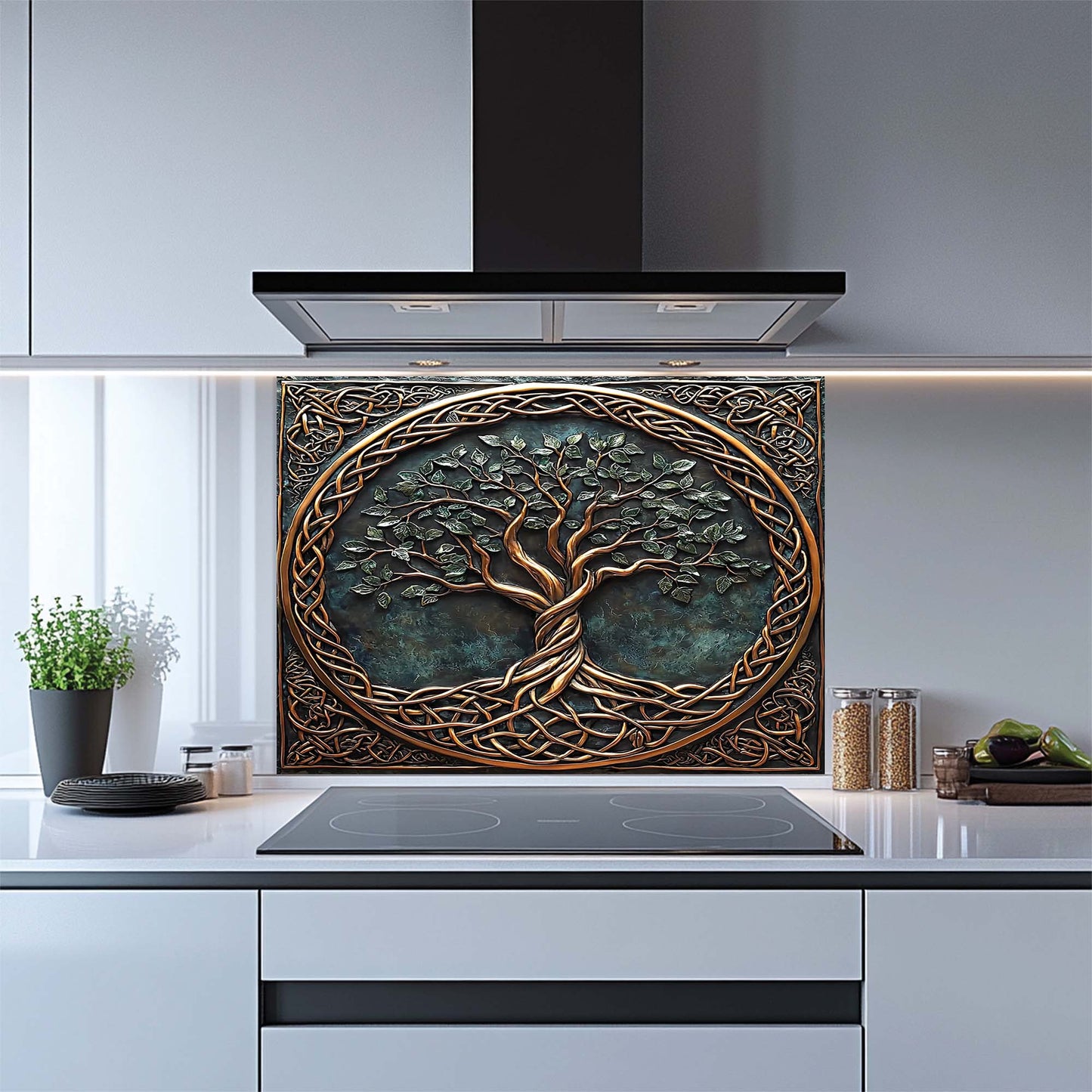 Celtic Roots – Tempered Glass Backsplash for Kitchen Stove | Tree of Life Copper Look Backsplash