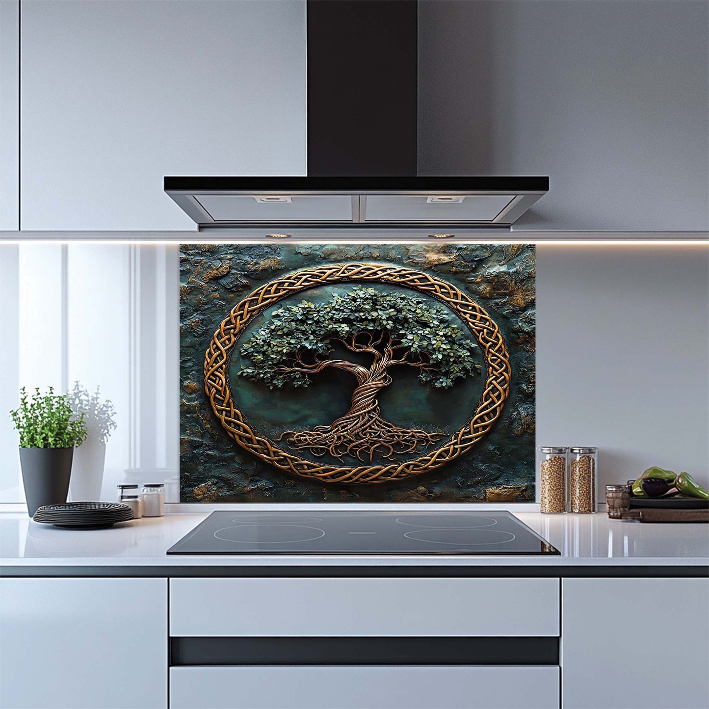 Emerald Roots – Tree of Life Tempered Glass Backsplash | Copper Celtic Kitchen Backsplash