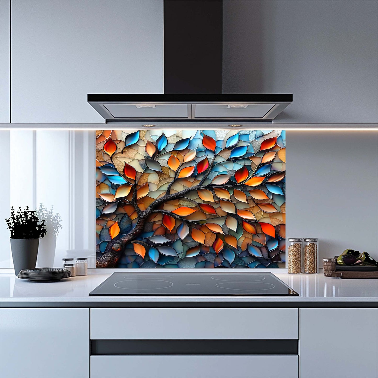 Glassleaf Harmony – Tempered Glass Backsplash for Kitchen Stove | Colorful Branch Backsplash