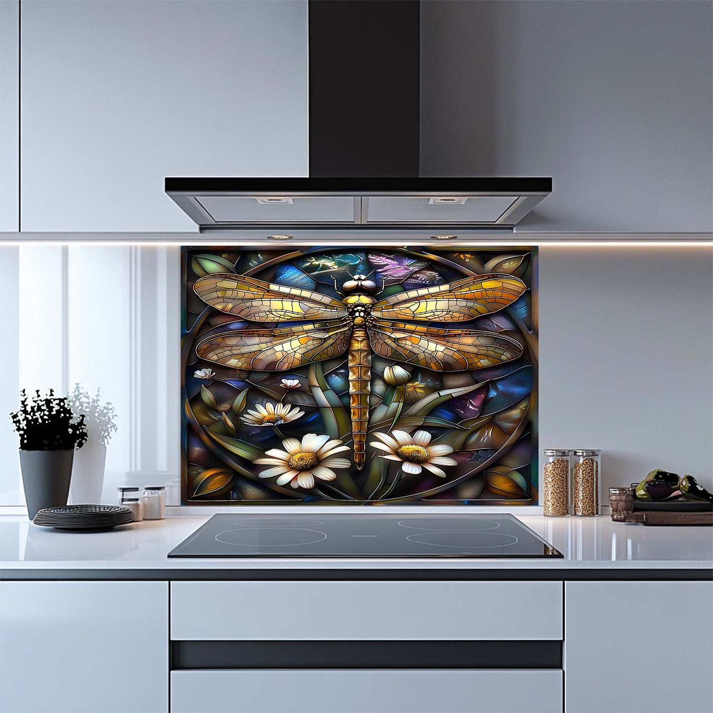 Golden Flight – Tempered Glass Backsplash for Kitchen Stove | Dragonfly Backsplash