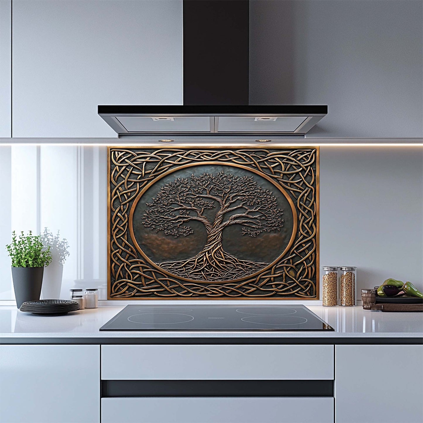 Timeless Root – Tempered Glass Backsplash for Stove | Tree of Life Copper Look Backsplash