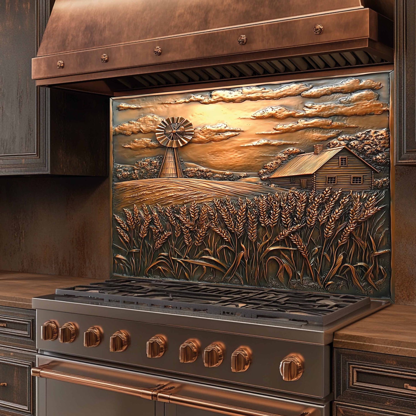 Golden Harvest Tempered Glass Backsplash – Copper Look Farmhouse Scene for Rustic Kitchen Backsplash