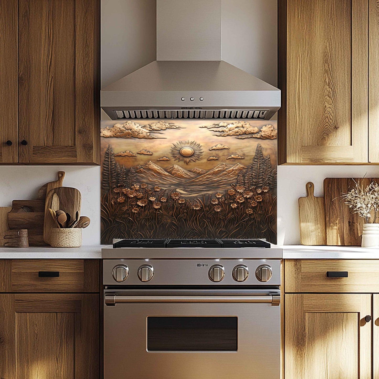 Sunlit Meadow Tempered Glass Backsplash – Floral Mountain Kitchen Backsplash Panel