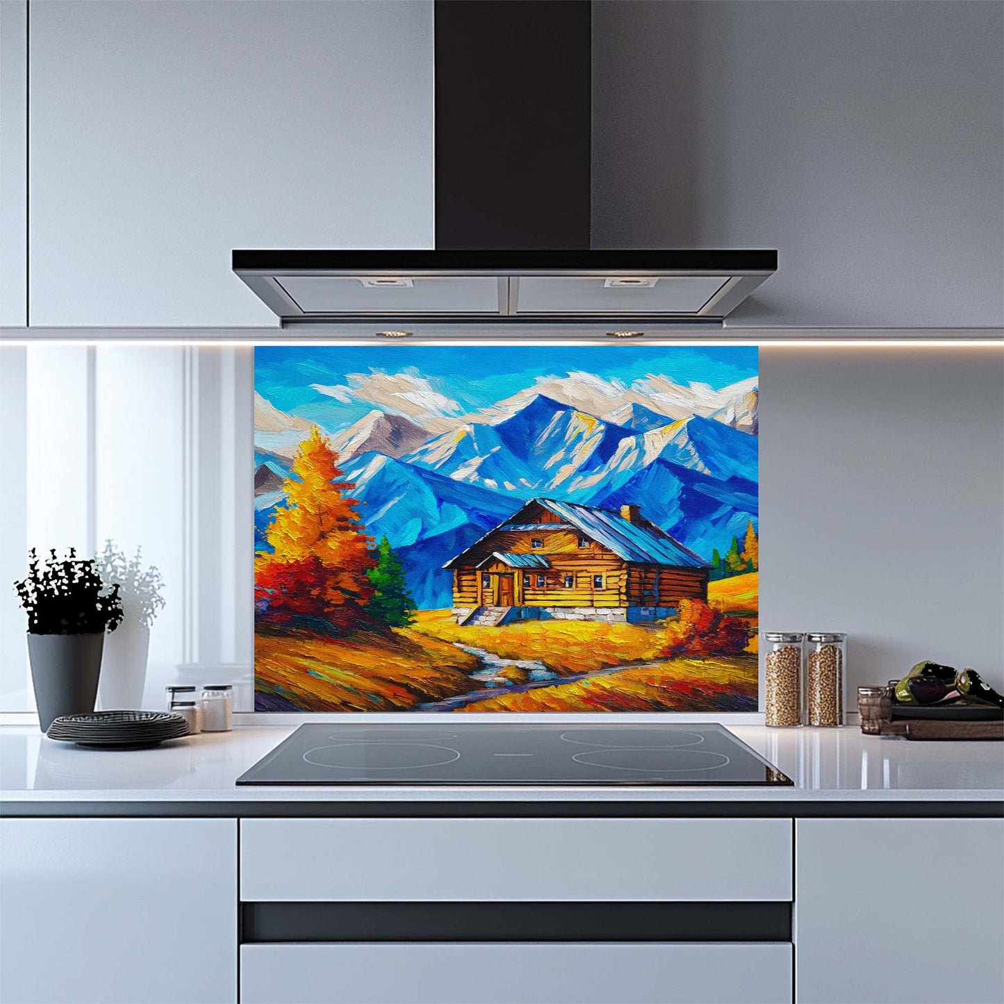 Mountain Cabin Glow – Tempered Glass Backsplash for Kitchen | Rustic Cabin Backsplash