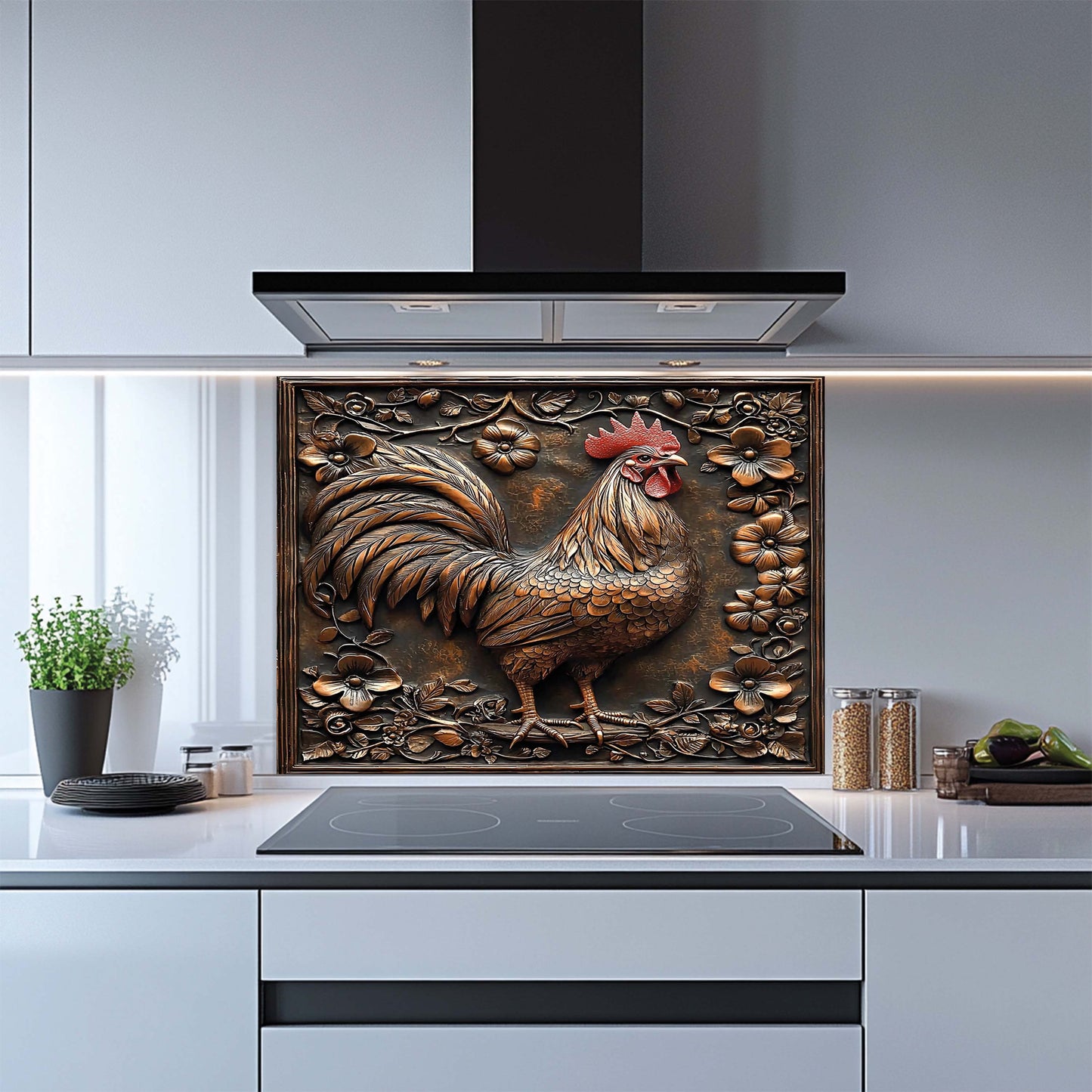 Copper Look Rooster Tempered Glass Backsplash – Farmhouse Kitchen Backsplash