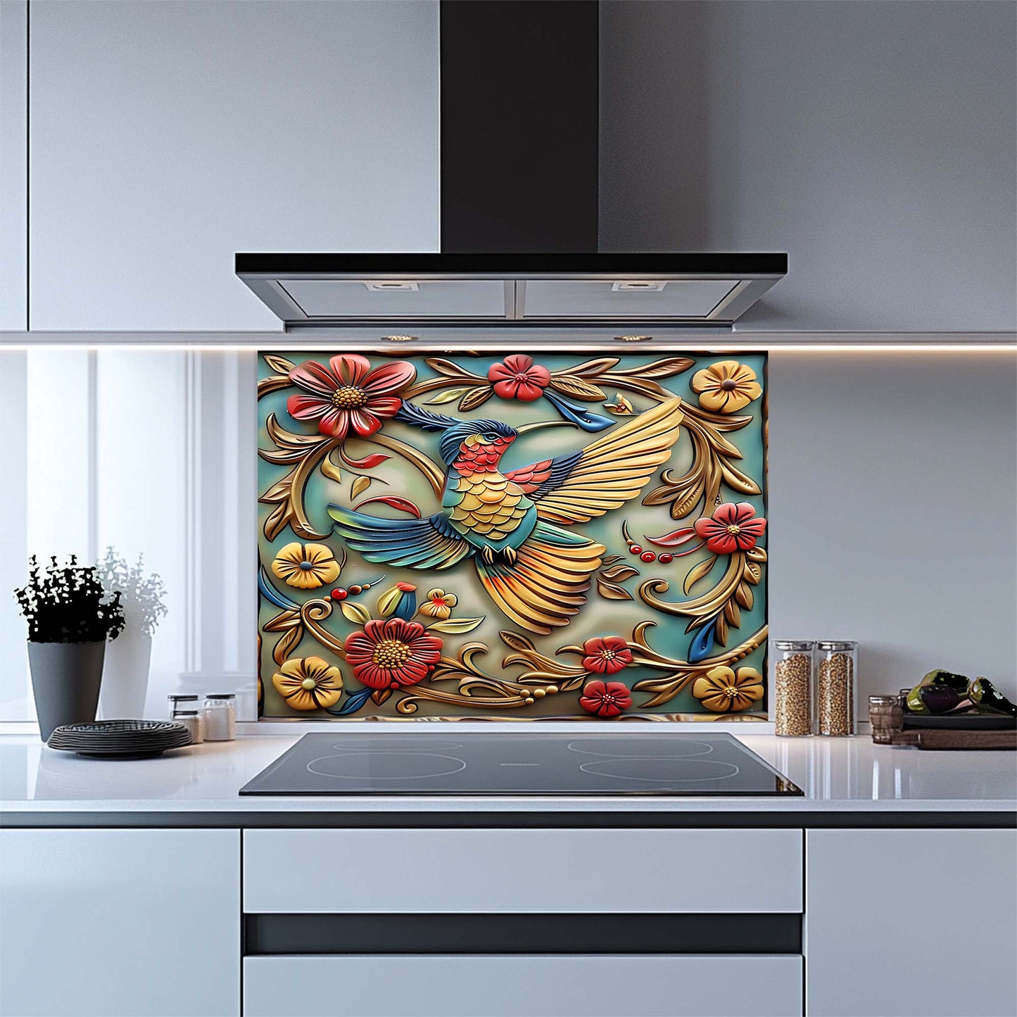 Feathered Rhapsody Tempered Glass Backsplash – Vibrant Bird & Floral Kitchen Backsplash