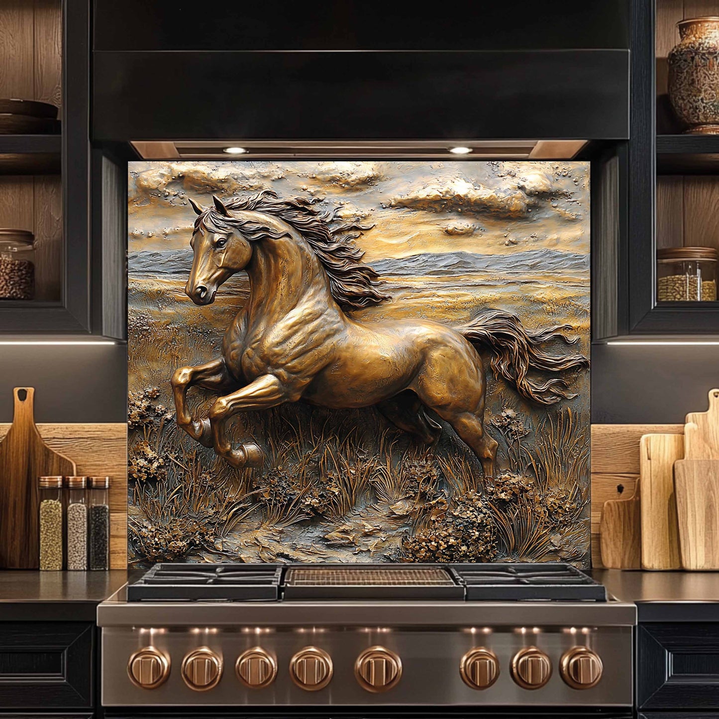 Copper Look Horse Tempered Glass Backsplash – Rustic Kitchen Back splash for Stove