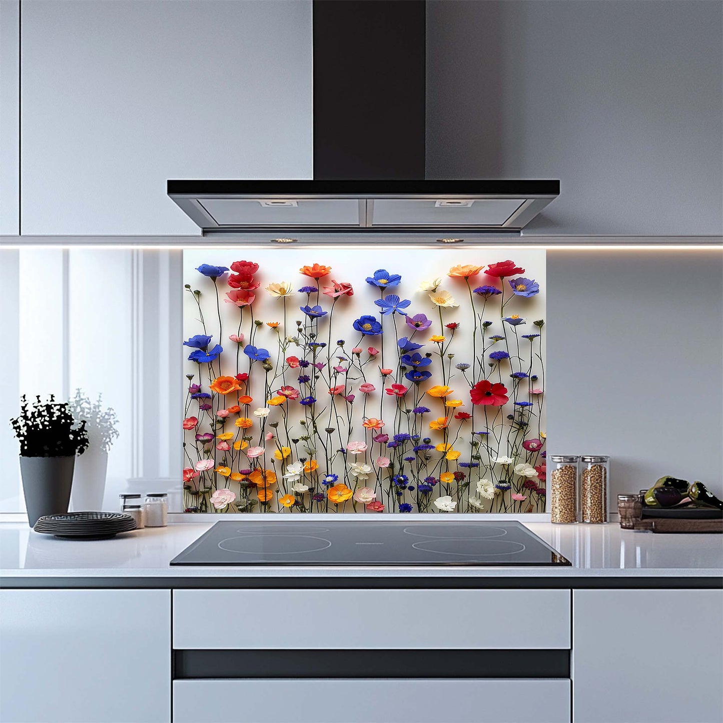 Floral Waltz Tempered Glass Backsplash – Colorful Flower Kitchen Backsplash Tile