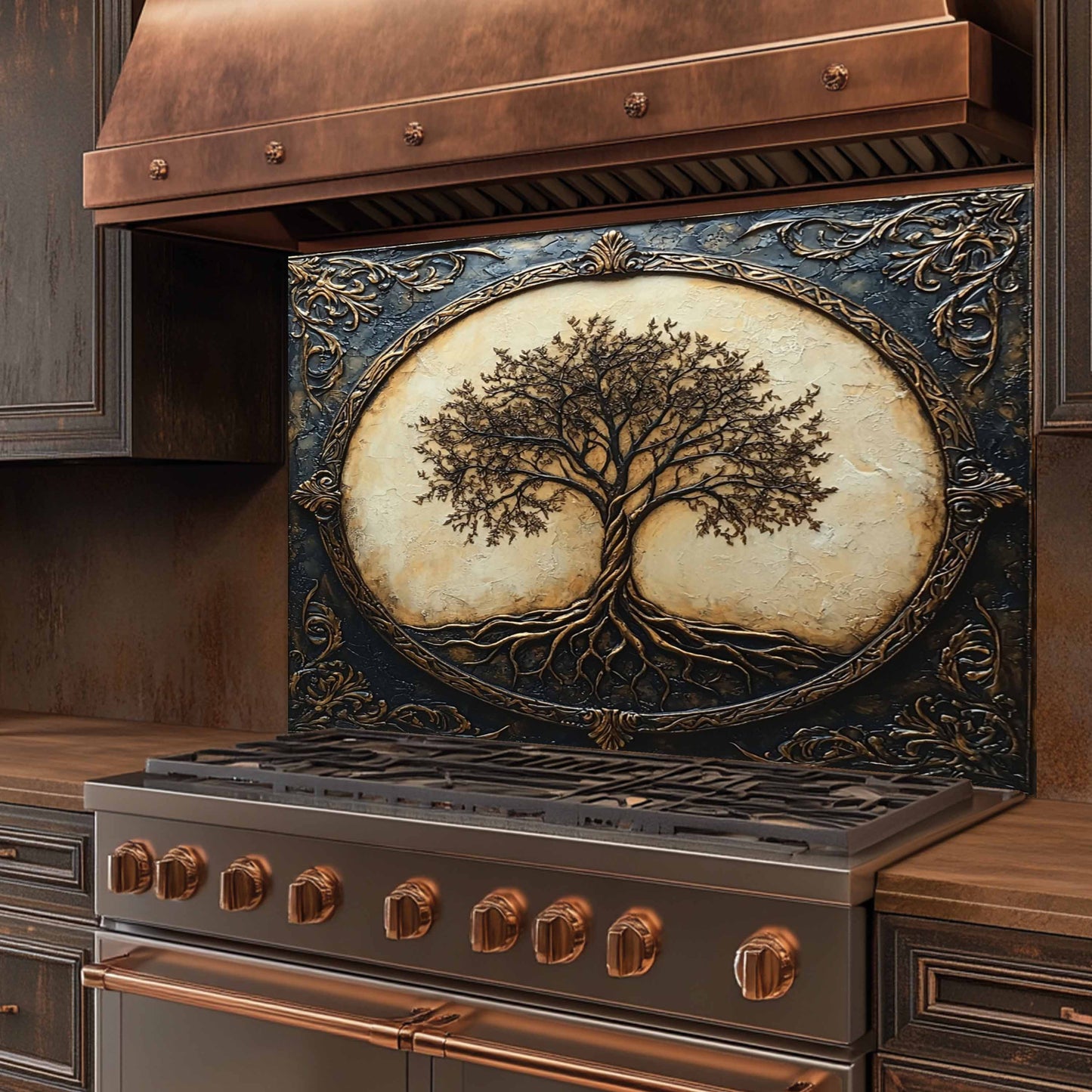 Royal Roots Tempered Glass Backsplash – Vintage Tree of Life Kitchen Stove Backsplash