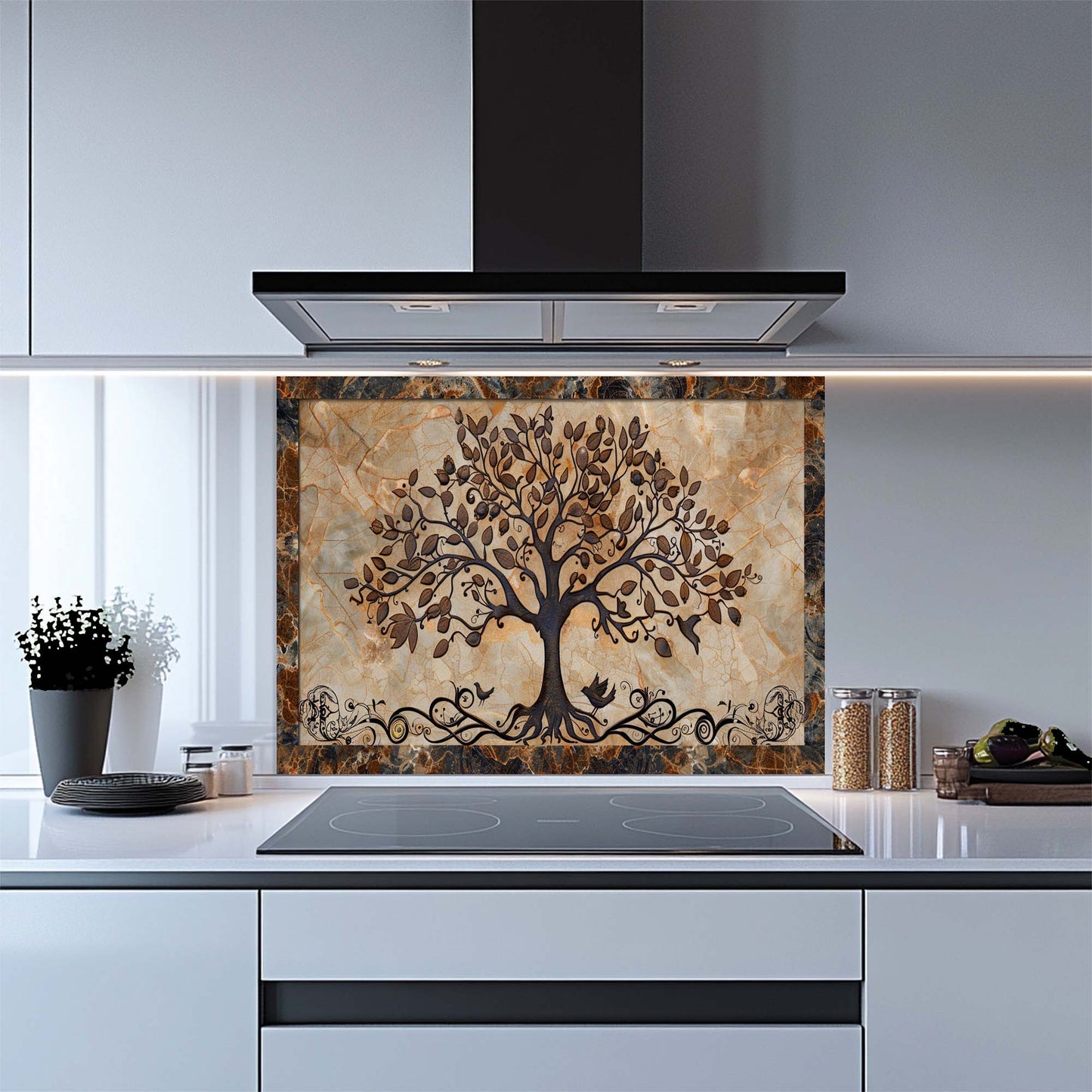 Rooted Melody – Tempered Glass Backsplash for Kitchen | Tree of Life with Birds Backsplash