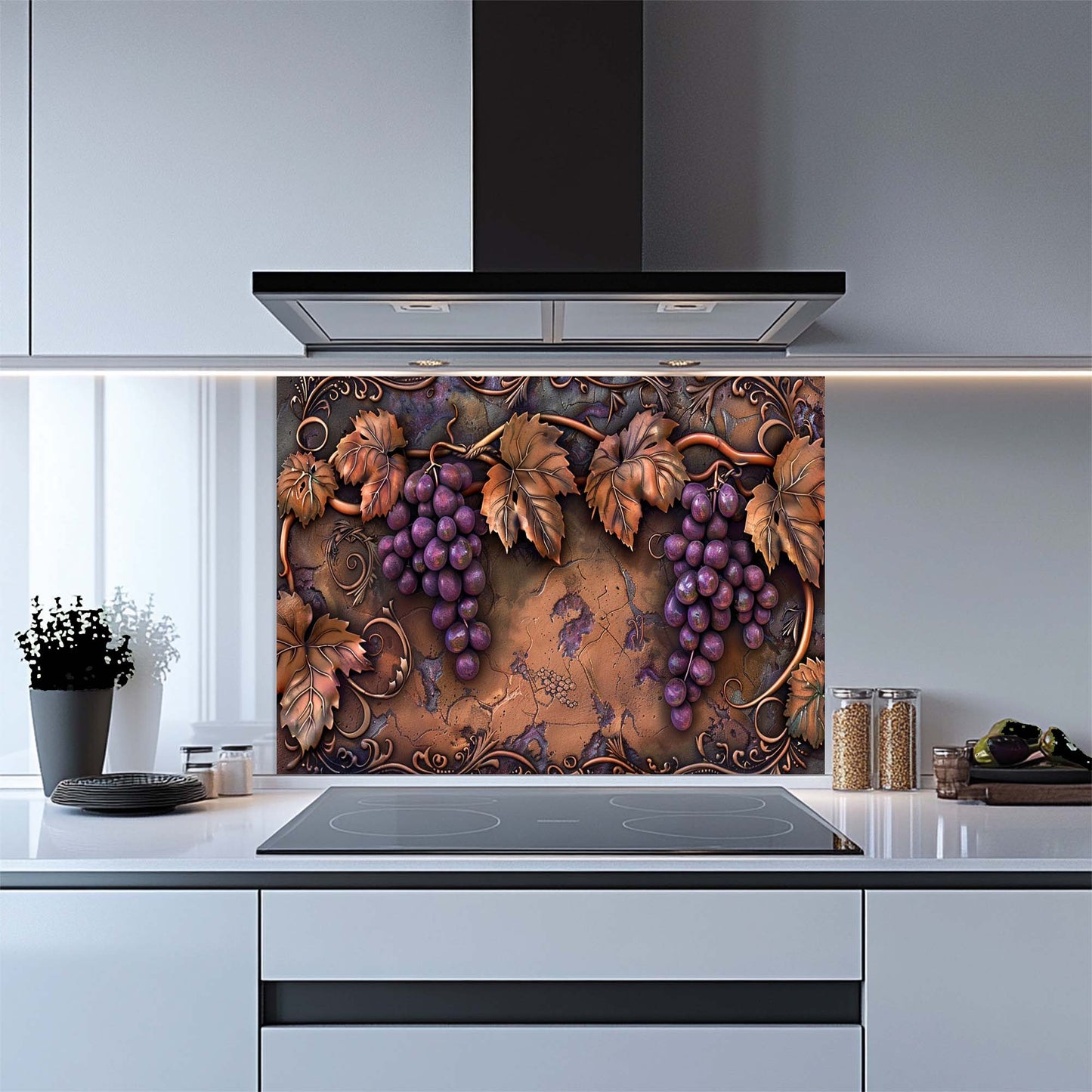 Tuscan Grape – Tempered Glass Backsplash for Kitchen | Copper Look Vineyard Backsplash