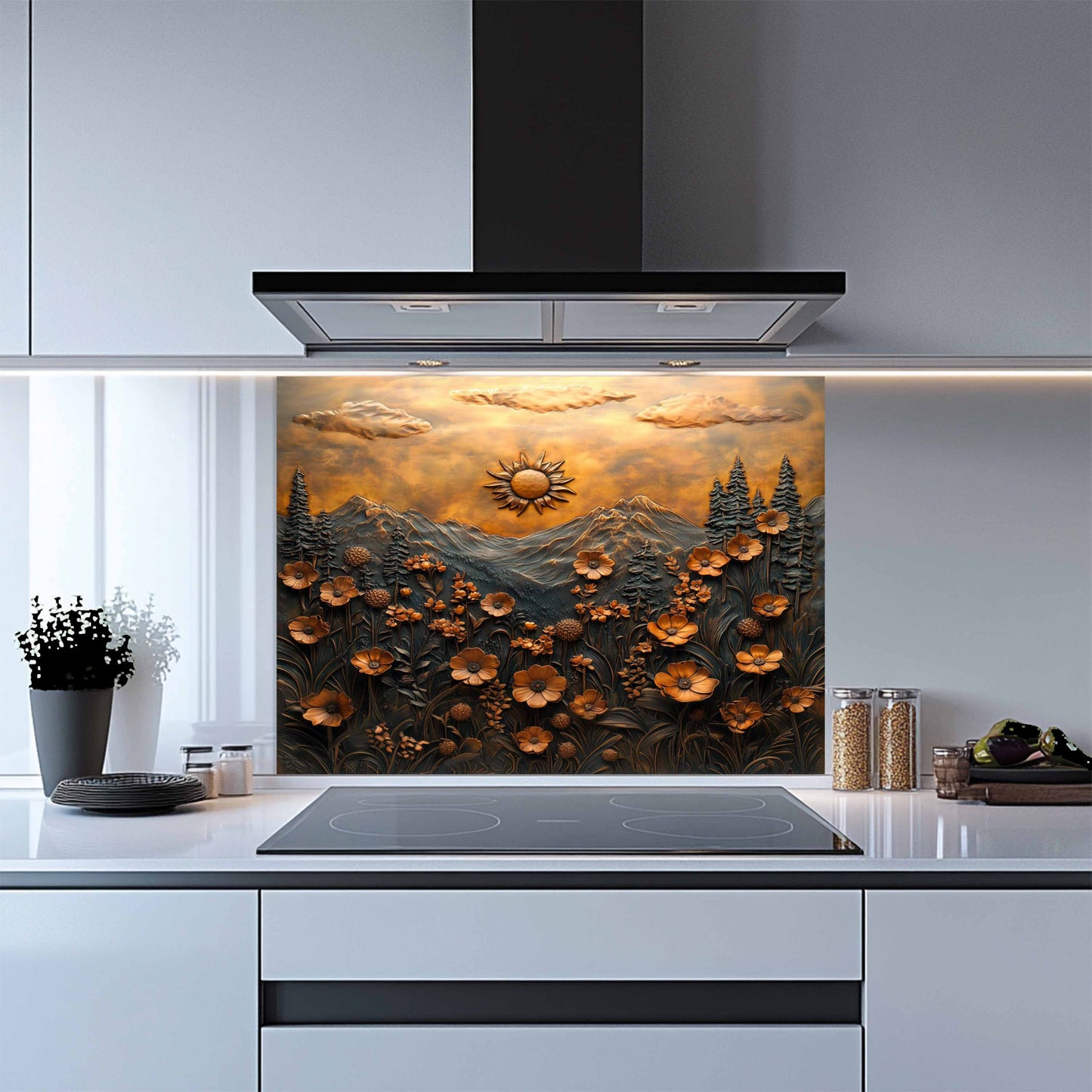 Golden Bloom Tempered Glass Backsplash – Floral Mountain Kitchen Stove Splashback